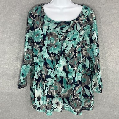 Croft & Barrow Top Womens Sz 2X Green Gray Layered Capsule Mesh Career Blouse