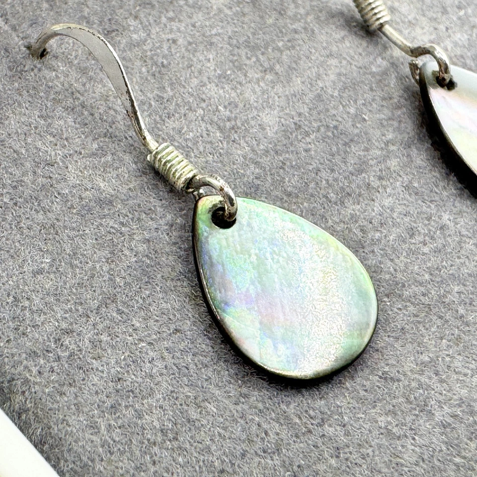 Vintage Abalone Teardrop Hook Dangle Drop Earrings Paua Shell Silver Tone - Image 4 of 4