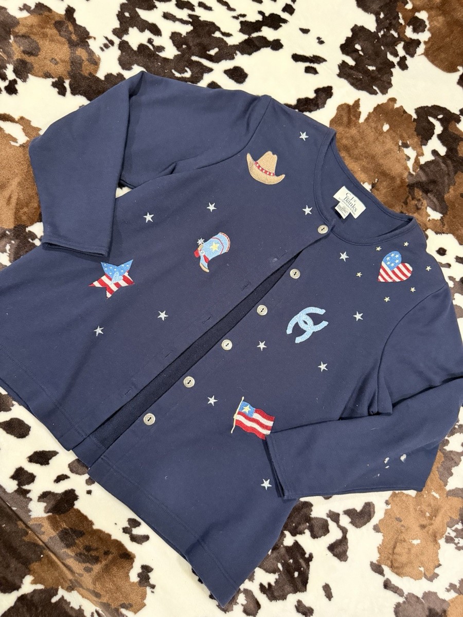 Vintage CJ Banks Embroidered Western USA Cardigan Sweater Navy Blue Plus 1X View 2
