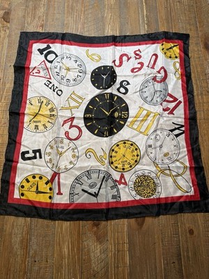 Guess Vintage 80's 100% Silk Clock & Logo Scarf  28x28