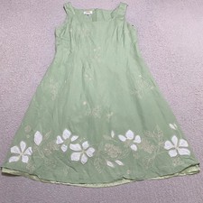 Talbots Womens 14P Dress Green Linen Blend Floral Embroidered A-Line Square Neck