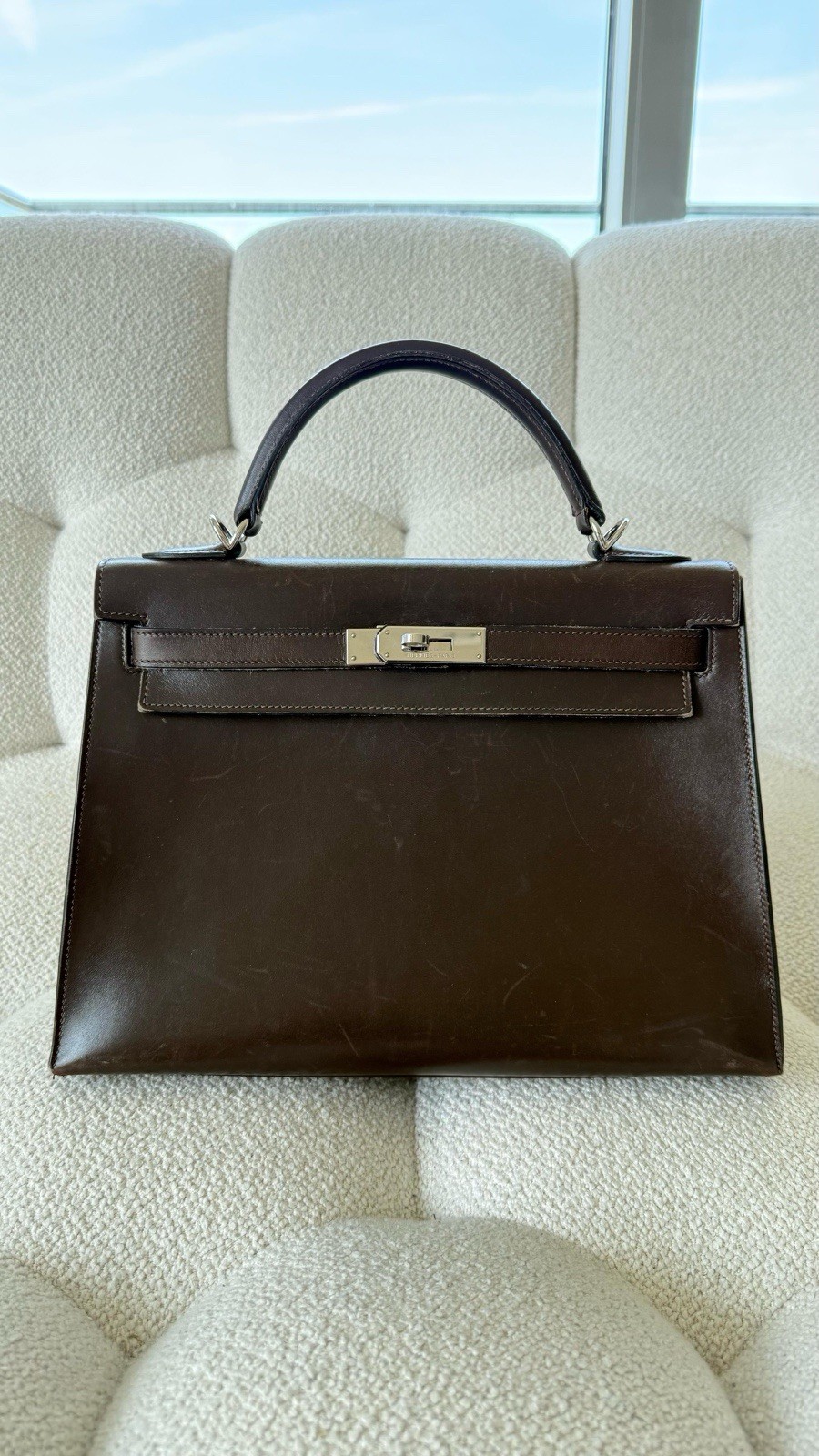 Kelly 32 Sellier Box Leather Ebene Palladium Hardware