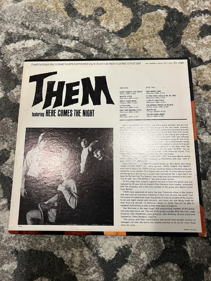 Them gloria Van Morrison US 1st VTG Vinyl Album USA ORIGINAL Parrot London - Image 4 of 4
