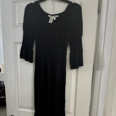 Max Studio Women's Black Solid A-Line V-Neck 3/4 Bell Sleeve Midi Dress S