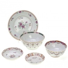 Chinese Export Antique Famille Rose Porcelain Dishes Plate Bowls 5pc Lot