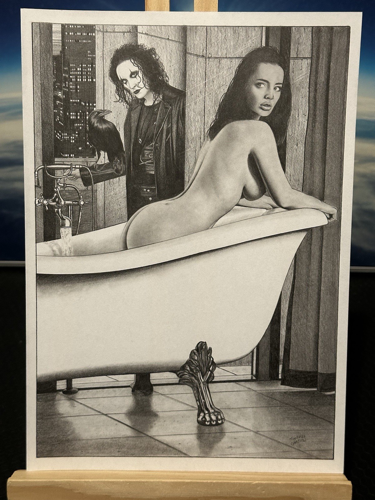 Arte a lápiz cómic original The Crow Tim Grayson Brandon Lee Pin Up