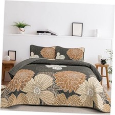 3 Pieces Floral Printed Quilts Set Queen Size, All Season King Black and Brown