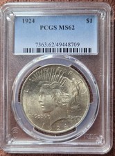 1924 American Silver Peace Dollar $1 PSGS MS 62