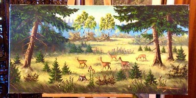 Original Öl Gemälde  Künstler Richard Geiz , 50×100 cm, Hirschmotiv, Landschaft