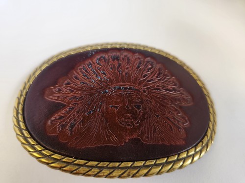 Cintura copricapo guerriero indiano nativi americani fibbia pelle goffrata vintage - Foto 3 di 13