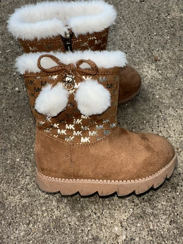 MICHAEL KORS Payson Girls Boots Brown Gold MK Hanging Emblem Toddler Size 9 US