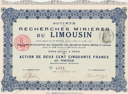 Sté de RECHERCHES MINIERES DU LIMOUSIN - ACTION 250 FRANCS 1912 - FRANCE
