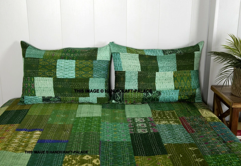 Indian green silk patola kantha quilt handmade reversible bedspread vintage king - Image 4 of 4
