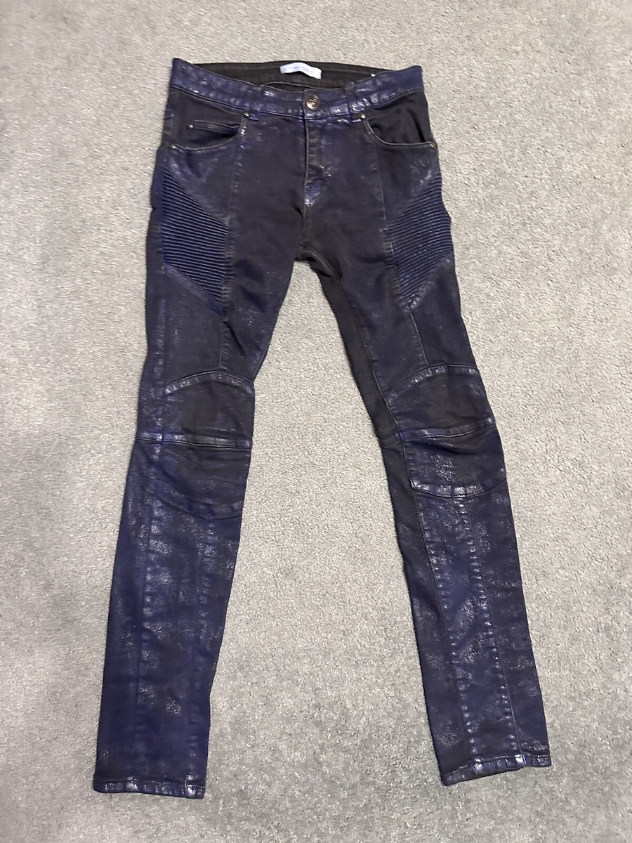 Balmain Biker Waxed denim Blue Jeans Distressed 28x30 | eBay