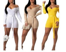New Women Knitted Off Shoulder Long Sleeve Streetwear Casual High Waist Jumpsuit