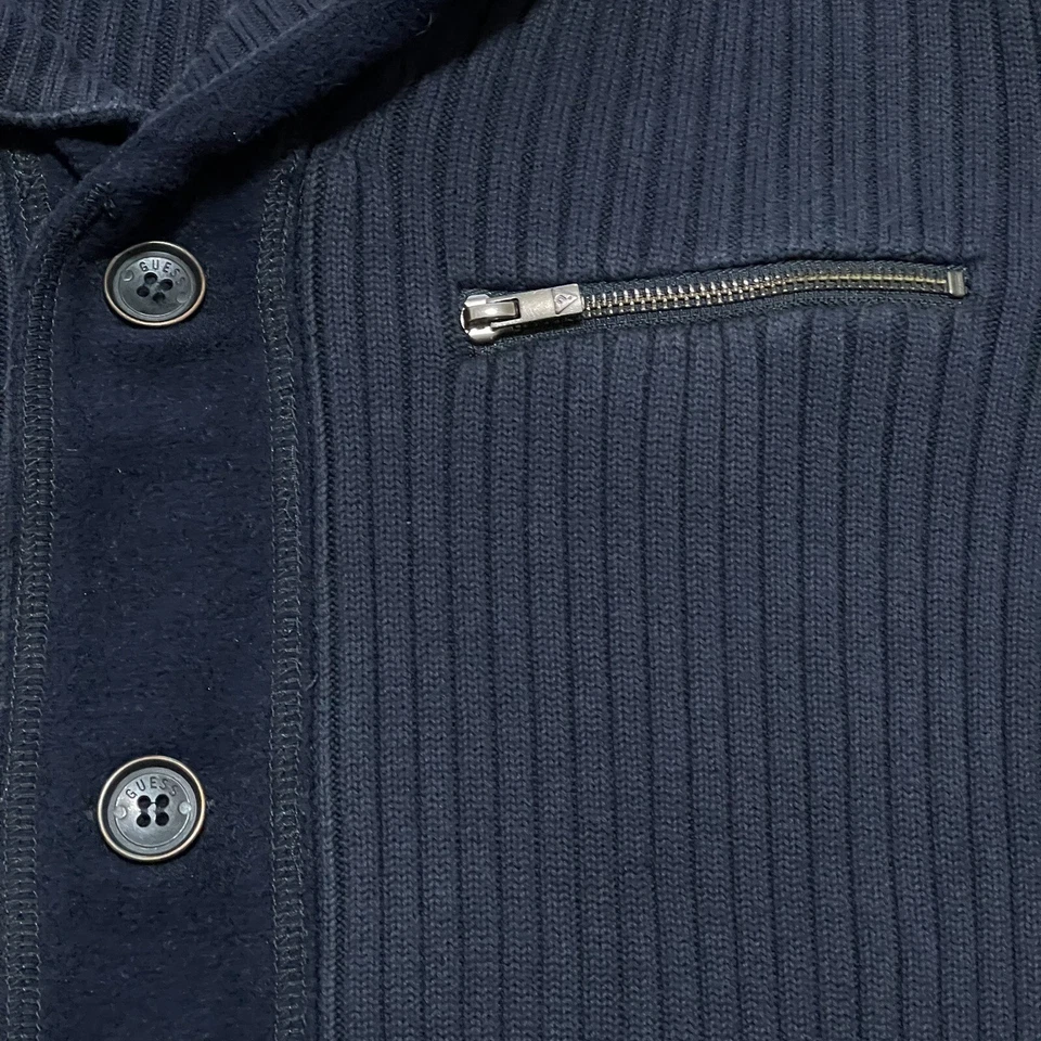 VTG Guess Sweater Mens XL Navy Blue Cardigan Shoulder Patch Commando Zip Limited - Image 3 of 4