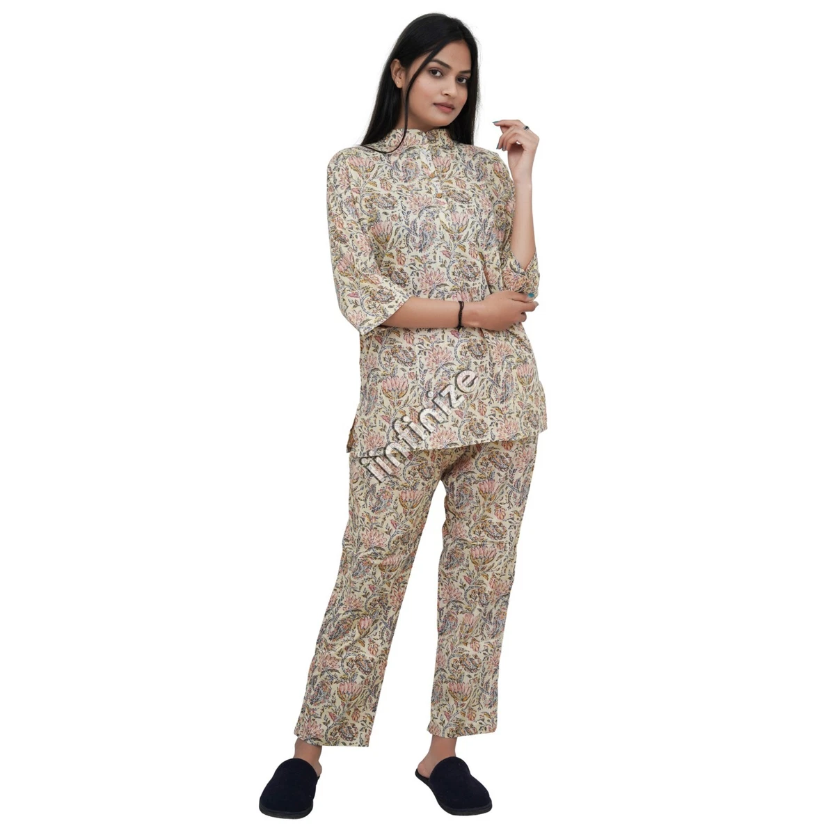 Women Indian Cotton Kurti Pant Shorts Set of 3 Piece Sleep wear Dress Night suit
