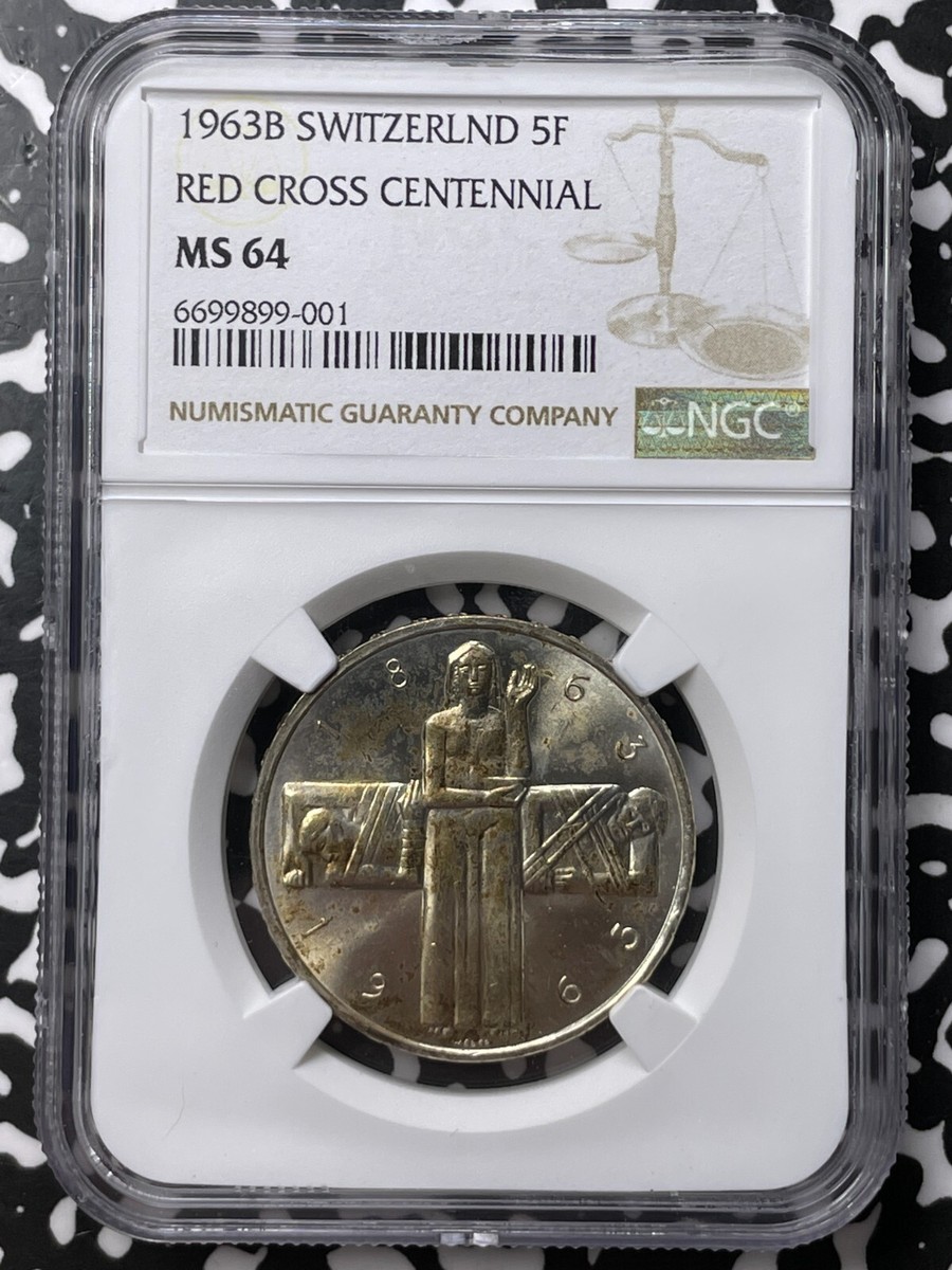 スイス銀行発行☆ＲＦ記念銀貨 1963-B Switzerland 5 Francs NGC MS64 Lot#G7528 Silver! Red