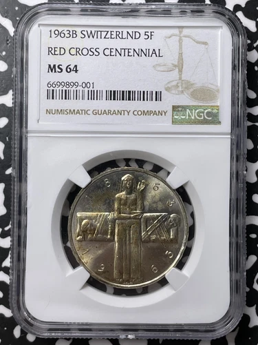 1963-B Switzerland 5 Francs NGC MS64 Lot#G7528 Silver! Red Cross Centennial