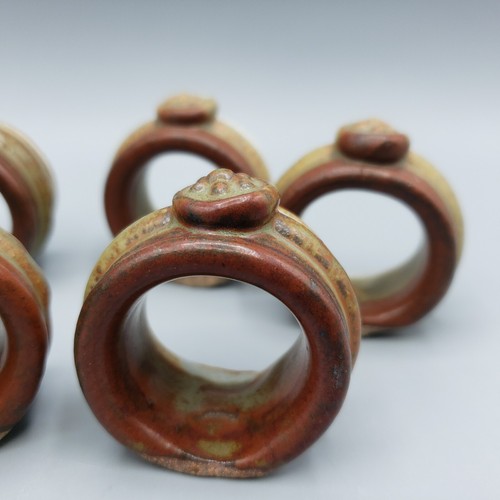 Artisan Handmade Pottery Napkin Rings Stoneware Set of 6 Earth Tones Rustic - Picture 8 of 15