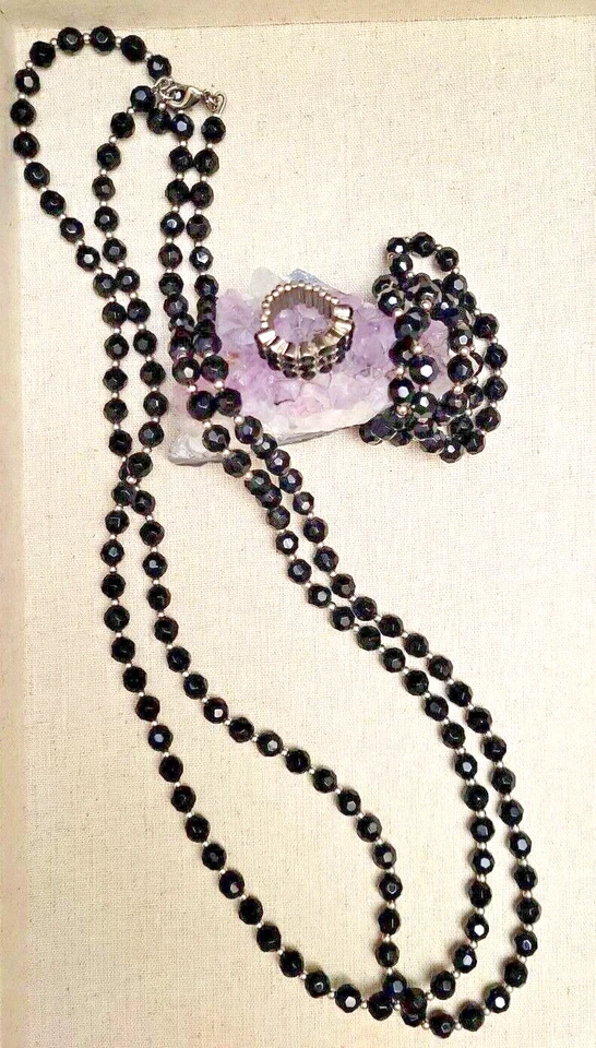 Cookie Lee Black Faceted Beaded Long Necklace Bracelet Set & Stretch Ring - Image 3 of 4
