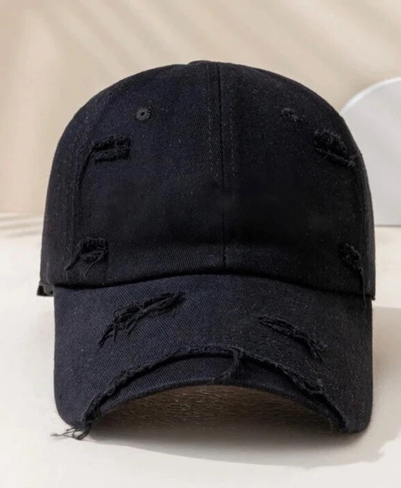 Ripped Distressed Baseball Cap Men One Size Adjustable Hat Black Unisex