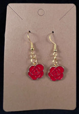 Red Roses Flower Earrings - Dangle - Gold Hook - Handmade - Valentine - B