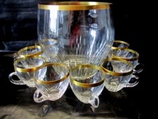 Schott Zwiesel Glas Bowle Service Gefäß 8 Henkel-Gläser Tassen Schliff Goldrand