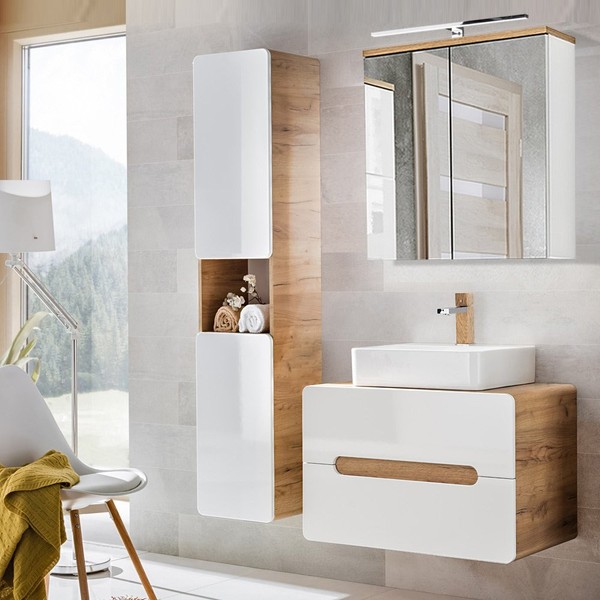 BadmöBel Set Hochglanz Weiß Eiche Keramik Waschtisch Spiegelschrank Hochschrank-image