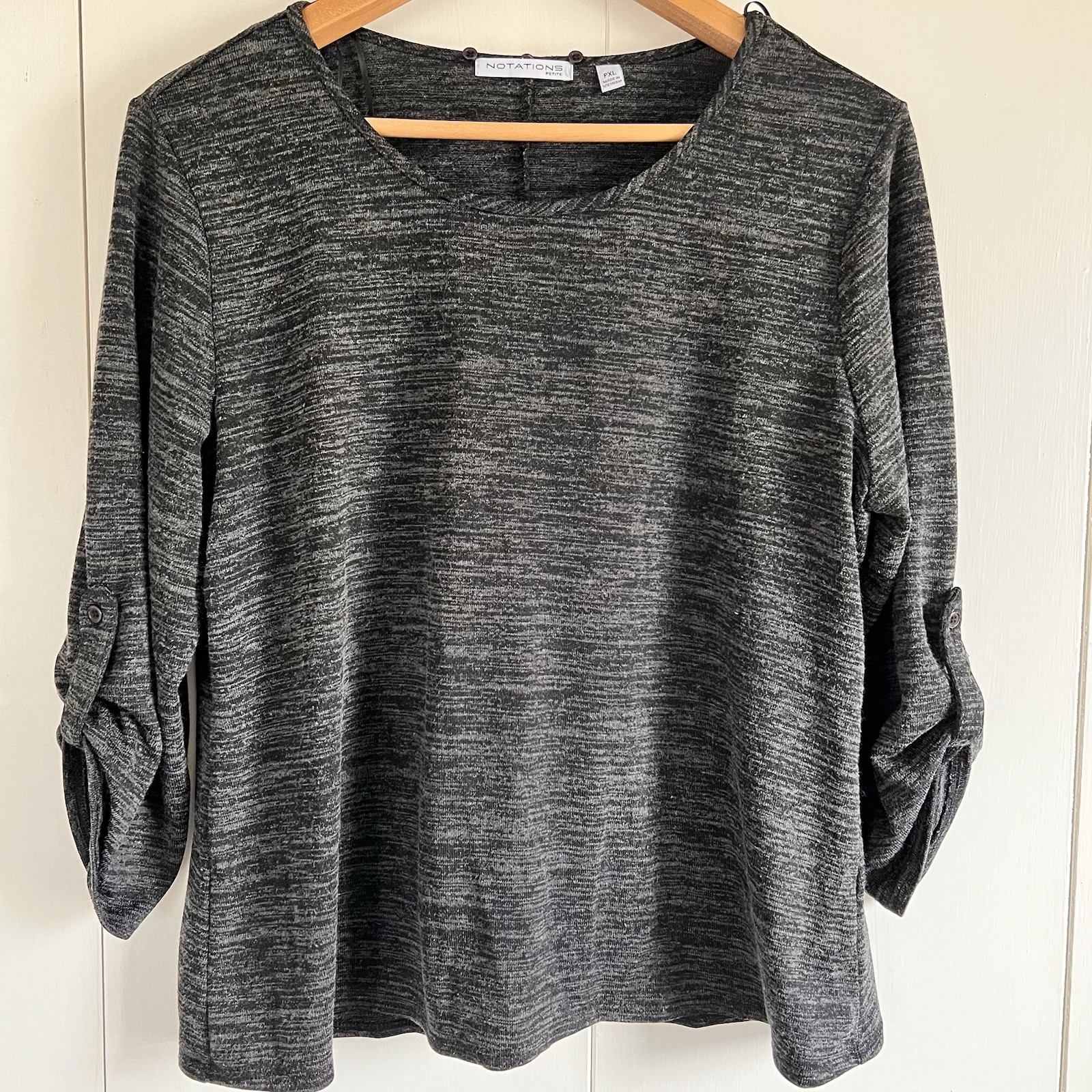 Notations 3/4 Roll-Tab Sleeve Top Black/Grey Heathered Petite XL