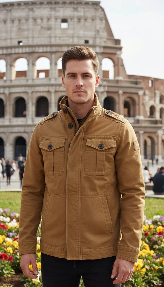 Chaqueta de Carga Militar Forrada de Franela CALI HOLI para Hombres Camel Foto 4 de 4