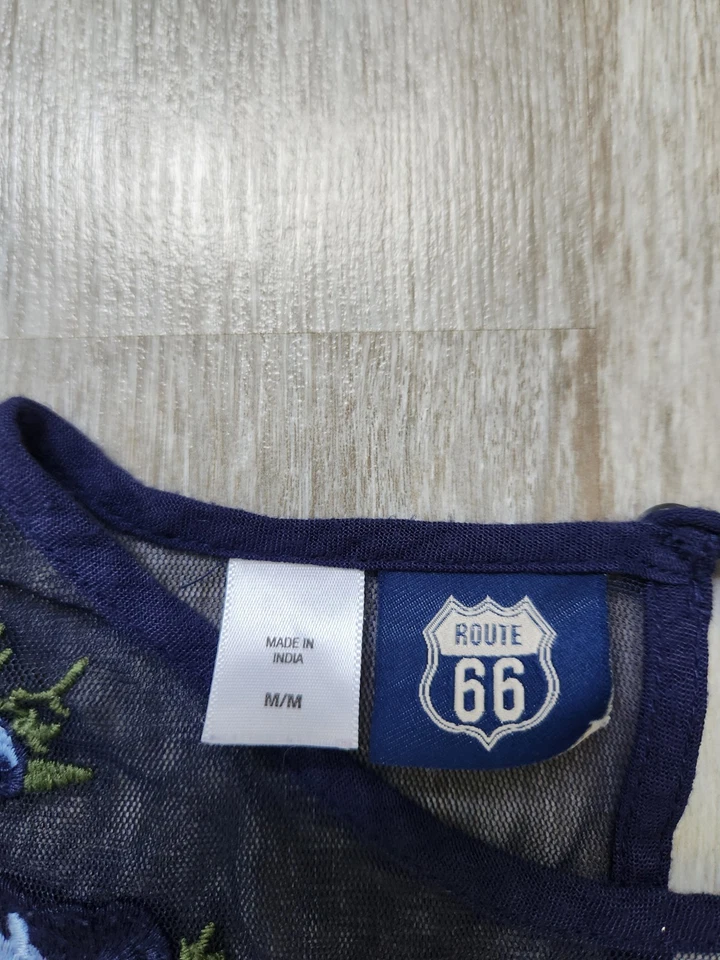 Route 66 蓝色连衣裙及膝网眼拼接花卉流畅 3/4 袖锁眼领 — 第 4/4 张图片