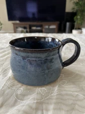 💙VTG Hand Crafted E J King Signed Art Studio Pottery Mug Soup Bowl Blue .