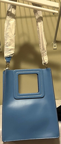 STAUD Shirley Blue Small Tote Top Handle Bag w/ Detachable Strap Gold Hardware