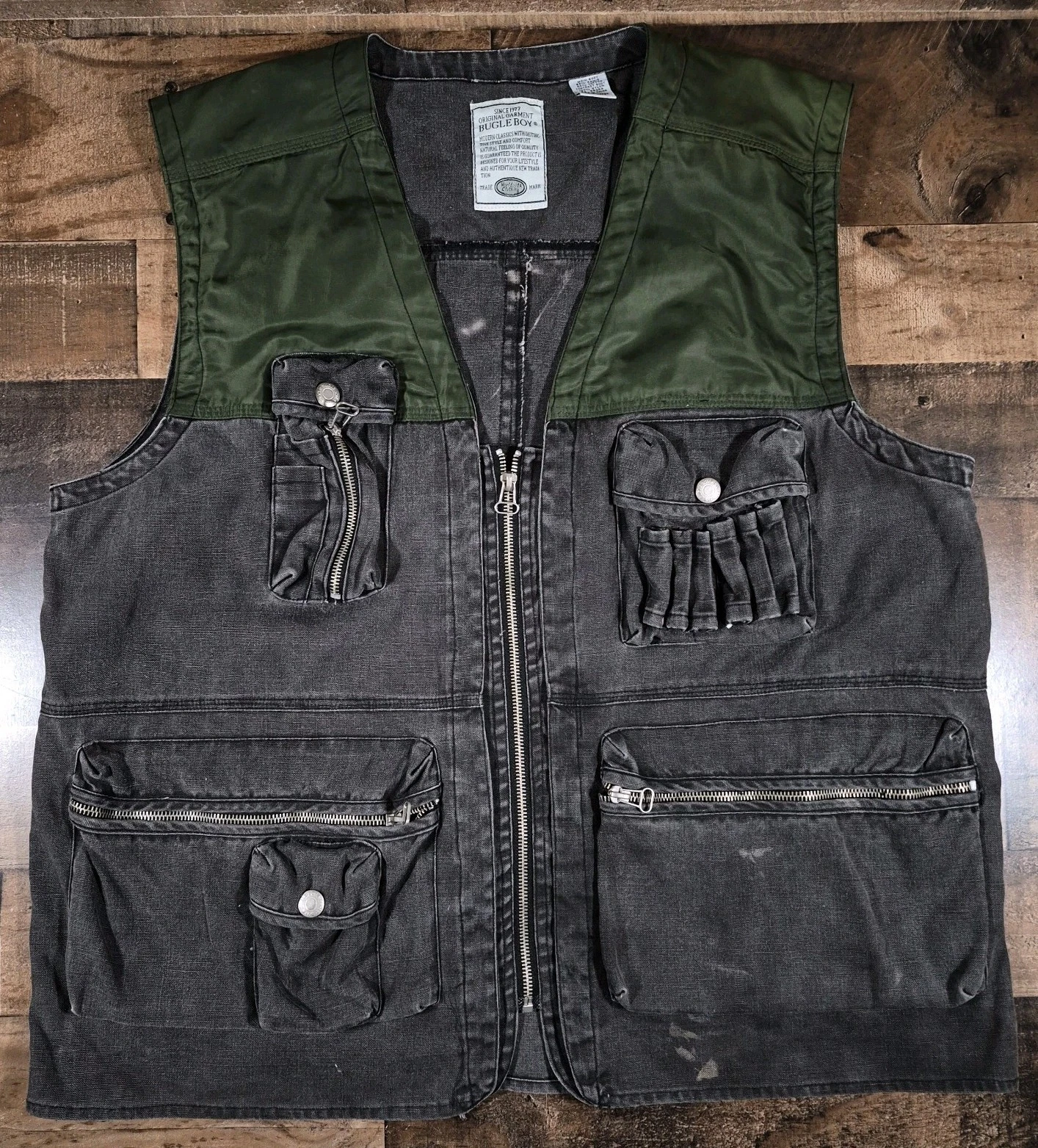 Vintage Bugle Boy Vest Mens Large Green Black Cargo Fishing Hunting Utility Fade