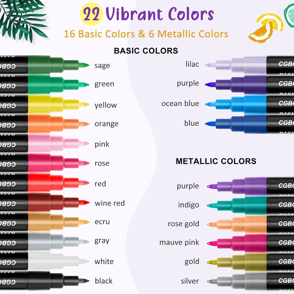 SEYY 22 Colors Premium Metallic Acrylic Paint Marker Pens 0.7mm Extra Fine Tip Rock