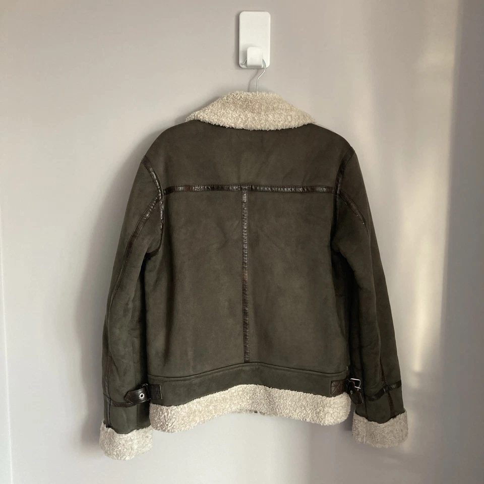 Womens Faux Suede Shearling Jacket Coat Small Aviator Green - Image 3 of 4