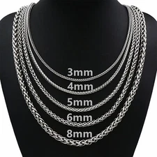 3/4/5/6/8MM Mens Silver Stainless Steel Necklace Wheat Braided Chain 8-30" Gift