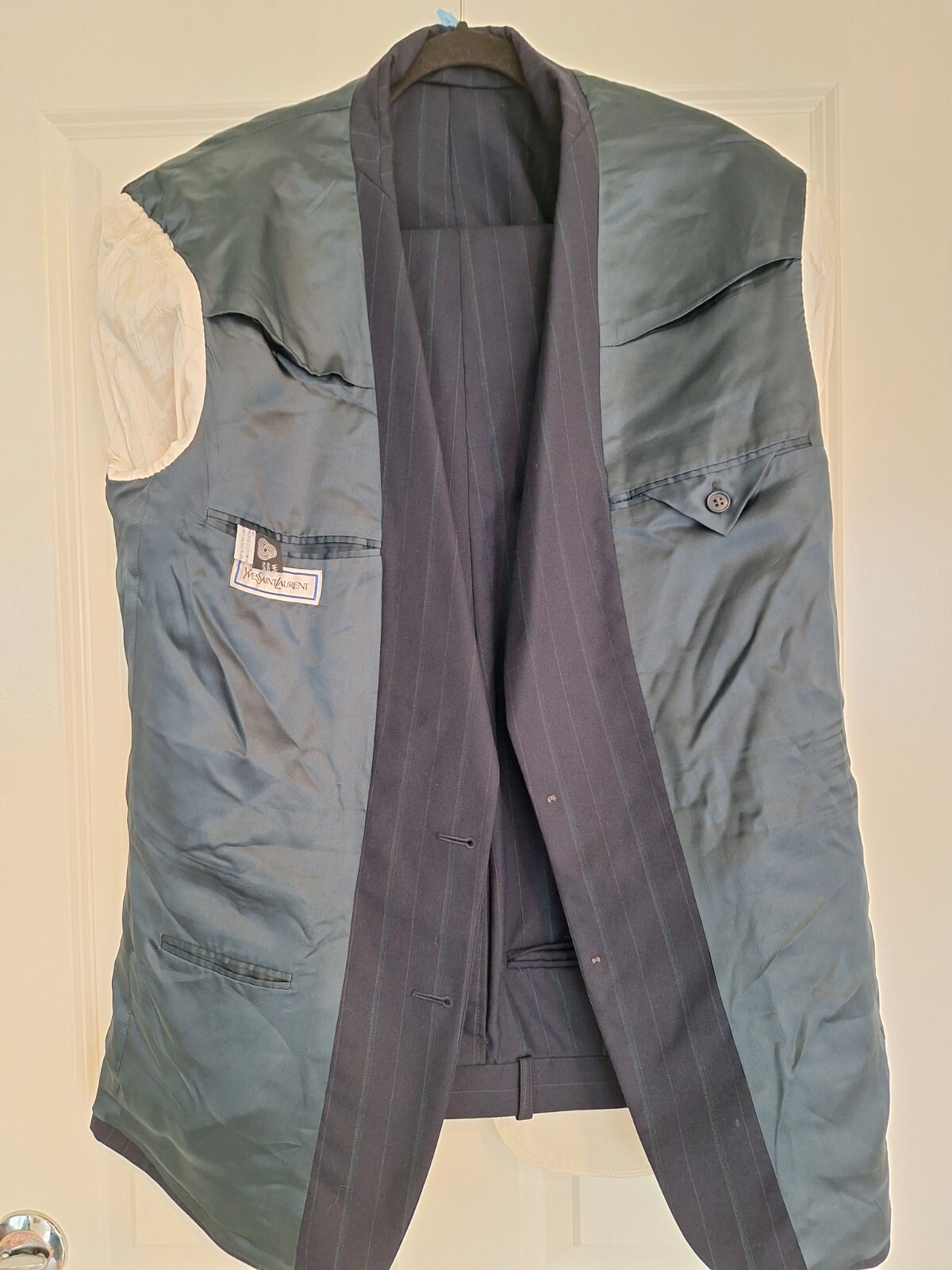 Abito vintage da uomo Yves Saint Laurent YSL lana blu verde a righe made in France