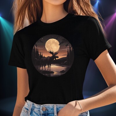 Frauen T-Shirt Elch bei Vollmond Motiv Baumwolle Größe S bis 3XL