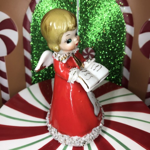 Vtg Kreiss Christmas Singing Angel Girl Red Gown Choir Book Bell Figurine Japan - Picture 2 of 5