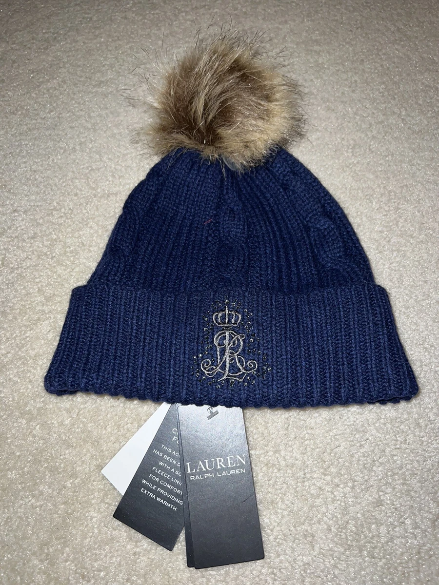 NWT Ralph Lauren Women Logo and Rhinestone Cable Beanie Hat