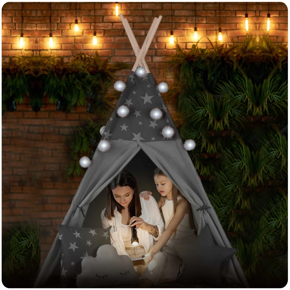 Tipi Zelt Spielzelt Baumwolle Kinderzelt mit Kissen Matte Lichterkette Nukido - Bild 2 von 4