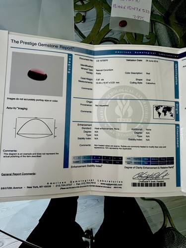 7.97 carat Cabochon Red Ruby no heated AGL The Prestige Gemstone Report - Picture 5 of 5