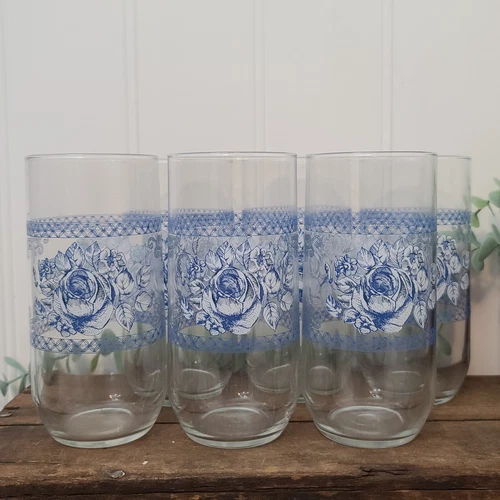 Vintage ARCOPAL FRANCE Glass Blue Rose Honorine Floral 16 OZ Tumblers Set of 6