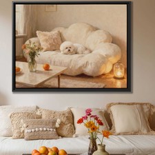 Oil Painting Bichon Frise Dog Canvas Print Living Room Decor Floral Artwork