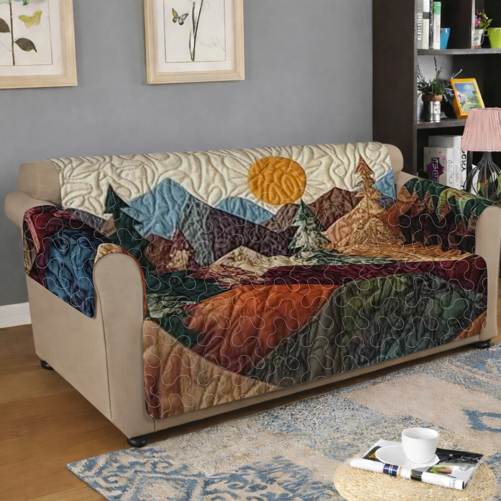 Rustic Mountain Geometric Forest Quilted Sofa Cover Nature Slipcover
