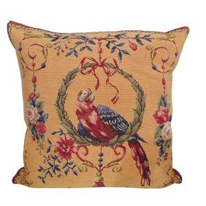 Vintage French Woven Tapestry Pillow 18" Down Insert Parrot Goblys