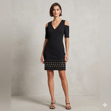 NWT BODELL open shoulder little black dress with silver grommets and V-neck sm.