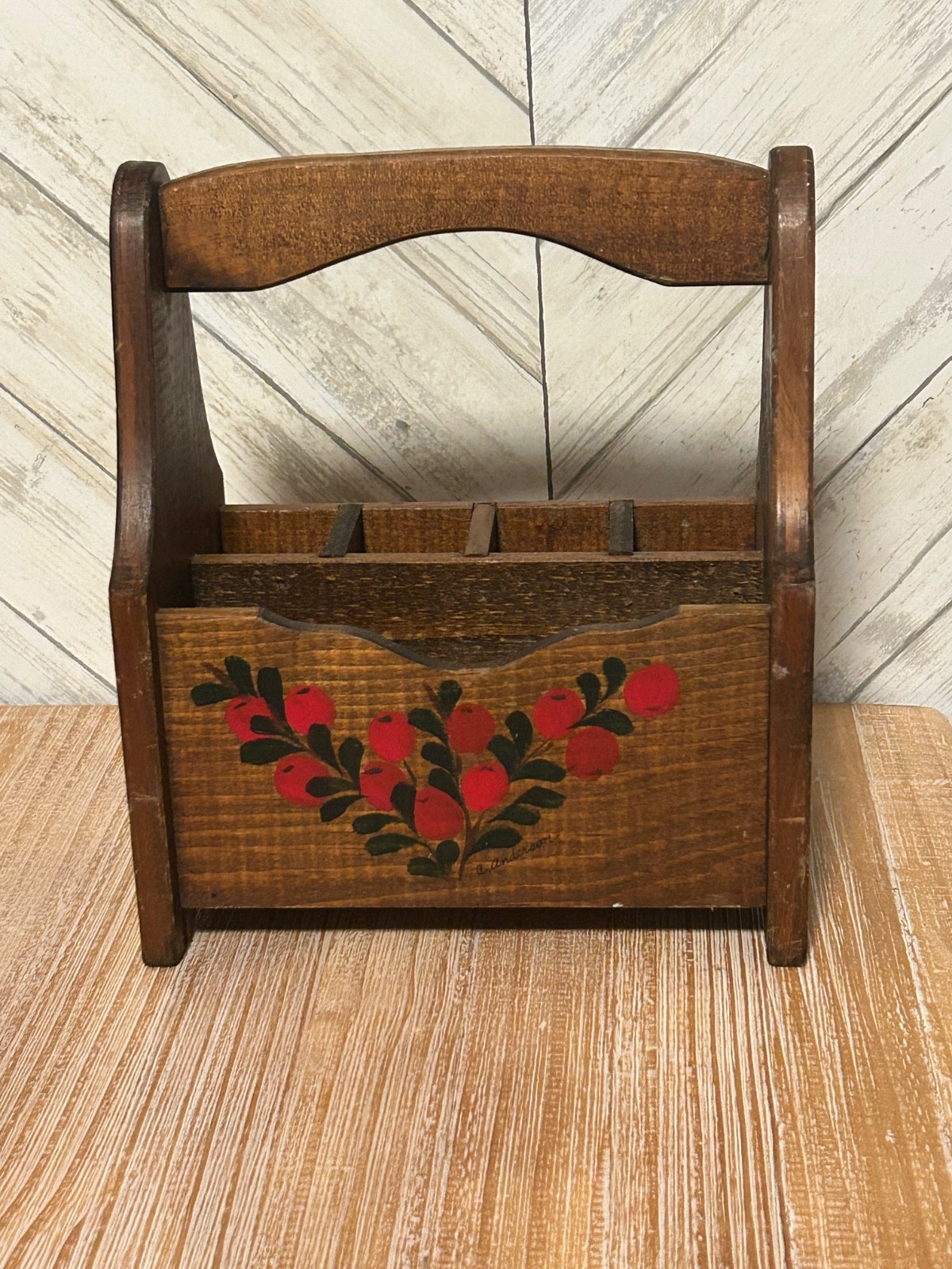 Vintage Wood Utensil Napkin Caddy Holder Wooden Box Farmhouse  8.5x10”
